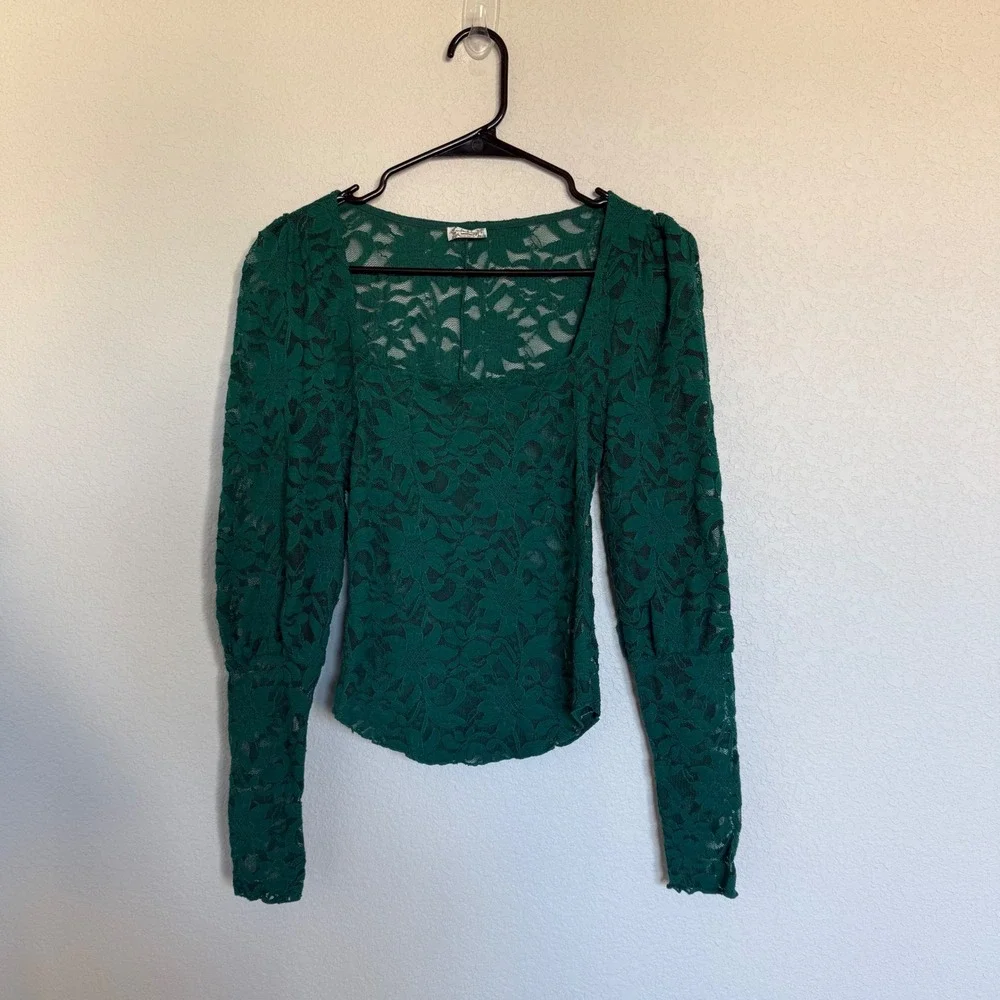 Intimately Free People Green Lace Square Neck Puff Sleeve Top Whimsigoth Boho XS